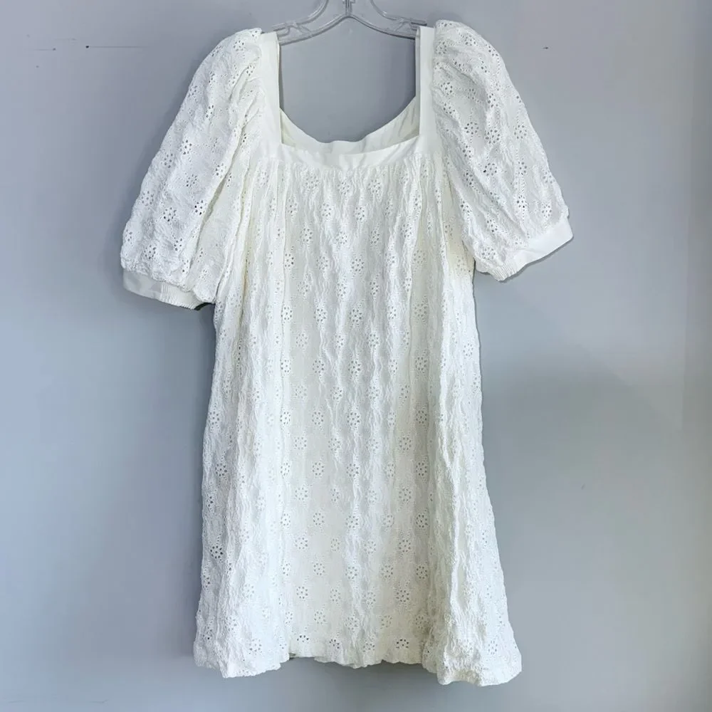 Anthropologie Maeve Eyelet Mini Dress in White M P Puff Sleeve Square Neck